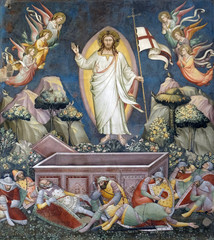 Resurrection, fresco by Niccolo di Pietro Gerini, Sacristy in Basilica di Santa Croce (Basilica of the Holy Cross) in Florence, Italy - obrazy, fototapety, plakaty