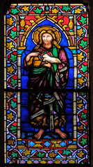 Saint John the Baptist, stained glass window in the Basilica di Santa Croce (Basilica of the Holy Cross) - famous Franciscan church in Florence, Italy