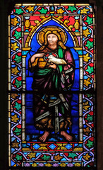 Saint John the Baptist, stained glass window in the Basilica di Santa Croce (Basilica of the Holy Cross) - famous Franciscan church in Florence, Italy