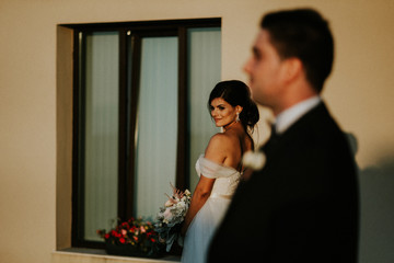bride and groom at sunset