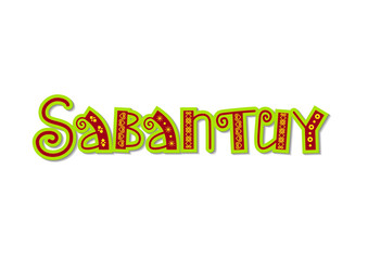 Hand drawn lettering of Sabantuy in red and green with yellow ornament on white background
