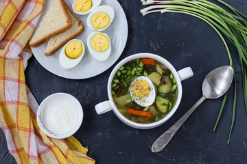 Green borsch with sorrel on a dark background, top view