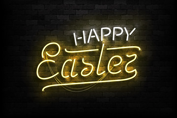 Vector realistic isolated neon sign of Happy Easter typography logo for template decoration and layout covering on the wall background.