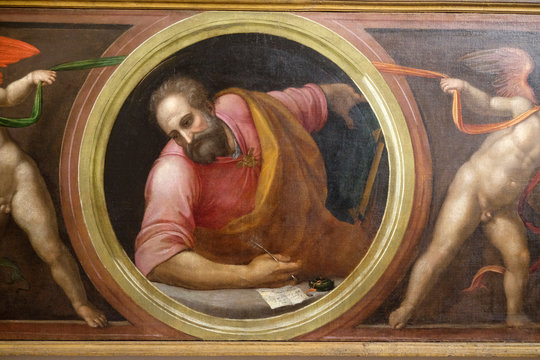 Saint Matthew and Two Angels supporting a curtain, altar from Morelli Chapel in the Basilica di Santa Croce (Basilica of the Holy Cross) in Florence, Italy