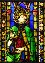 Saint Pope, stained glass window by Alesso Baldovinetti, Basilica di Santa Croce (Basilica of the Holy Cross) - famous Franciscan church in Florence, Italy