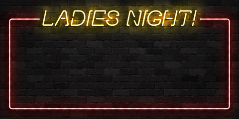 Vector realistic isolated neon sign of Ladies Night frame logo for template decoration and invitation covering on the wall background. Concept of night club and party.