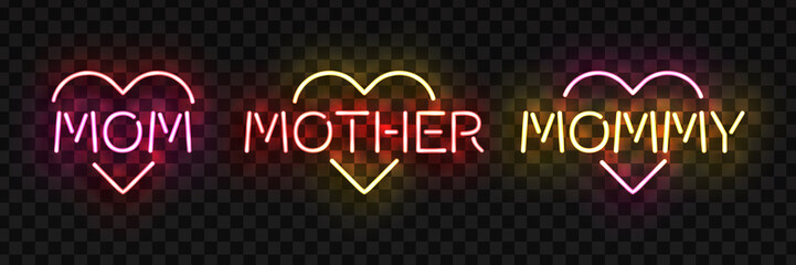 Vector set of realistic isolated neon sign of Mothers Day logo with heart shape for template decoration and covering on the transparent background.