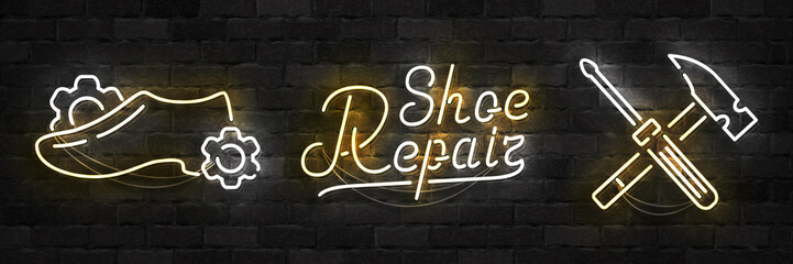 Obraz premium Vector set of realistic isolated neon sign of Shoe Repair logo for template decoration and layout covering on the wall background.