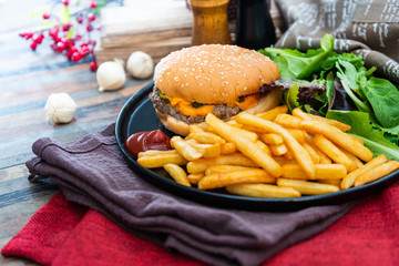 Cheese burger - American cheese burger with Golden French fries