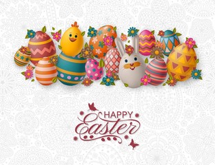 Cute Easter background with white bunny, chicken, eggs and flowers. Vector illustration.