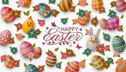 Cute Easter background with white bunny, chicken, eggs and flowers. Vector illustration.