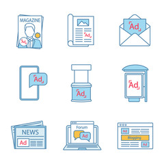 Advertising channels color icons set