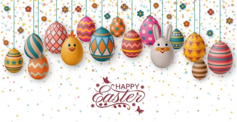 Cute Easter background with white bunny, chicken, eggs and flowers. Vector illustration.