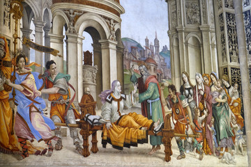 Saint John the Evangelist Resurrecting Drusiana, fresco by Filippino Lippi in the Strozzi Chapel of the Santa Maria Novella church in Florence, Italy