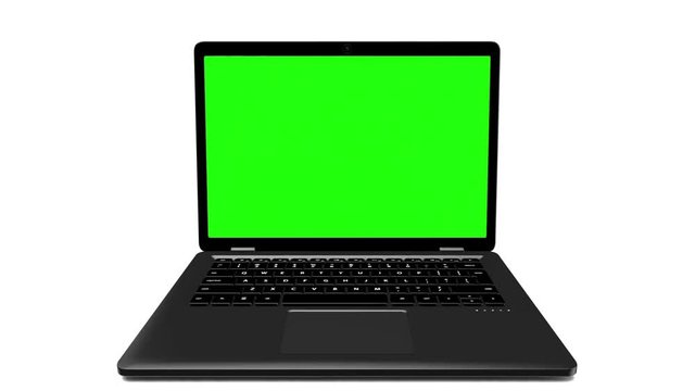 Modern black laptop appearing on a white background with a green screen. 4k animation