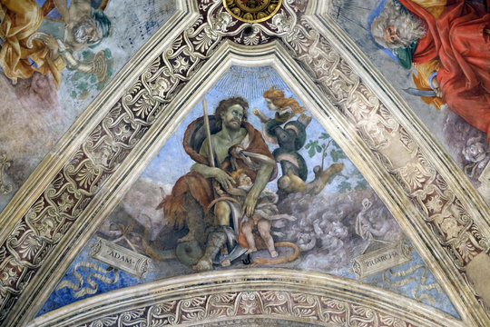 Adam, fresco in Strozzi Chapel by Filippino Lippi, Santa Maria Novella Principal Dominican church in Florence, Italy