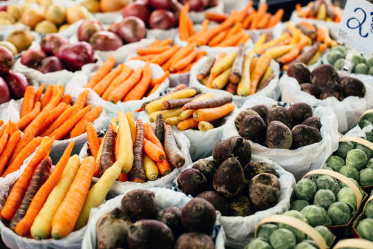 Variety of colorful vegetables on display at a Farmer's Market in Montreal.  Quebec, Canada