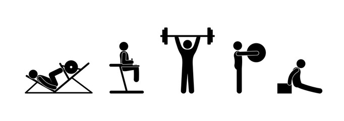 Sports shells set of icons. Stick figure people in the gym. Pictogram man bodybuilder. Barbell, fitball and simulators illustration. 