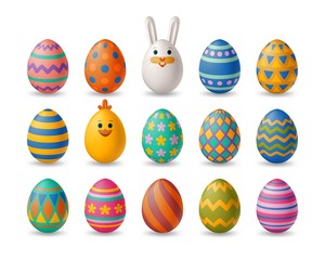 Easter cute eggs set with white bunny and chicken