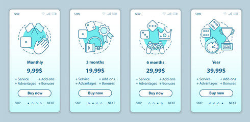 Gaming subscription onboarding mobile app screens with service prices