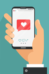 Like mobile mobile concept. Male hand holding smartphone with heart emoji message on screen, like button. Love confession, like. Social network and mobile device. Flat cartoon vector illustration.