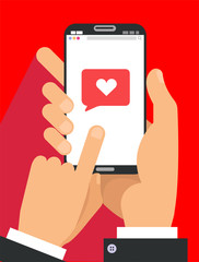 Sending love message concept.Two Male Hands in suit holding phone with heart, send button on screen. Finger touch screen. Vector flat cartoon illustration for ad,web sites,banners, infographics design