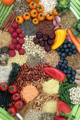 Liver detox health food concept with fruit, vegetables, herbs, spices, legumes, seeds, nuts, grains &  cereals. Foods high in antioxidants, anthocaynins, vitamins &  dietary fibre. Top view.