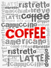 List of coffee drinks words cloud, poster background