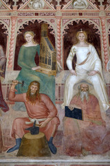 Obraz premium Music-Tubalcain, Dialectis-Pietro Ispano, Sacred Sciences and Liberal arts, detail of the Triumph of St. Thomas Aquinas, fresco by Andrea di Buonaiuto, Santa Maria Novella church in Florence, Italy