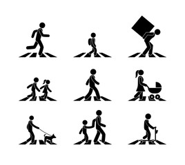 Fototapeta na wymiar pedestrian icon, stick figure man at a pedestrian crossing, crossing the road, isolated pictograms, a set of different silhouettes