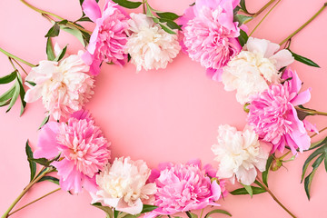 Flat lay composition with pink peonies on a pink background