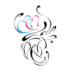 Obraz premium decorative ornament with two hearts, leaves and curls on a white background