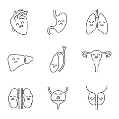 Sad human internal organs linear icons set