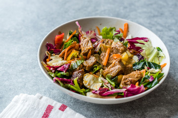 Fresh Salad with Cubed Meat Pieces in Bowl.