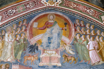 Fototapeta na wymiar Christ in Glory, fresco of The Church Militant and Triumphant, by Andrea di Buonaiuto, Spanish Chapel in Santa Maria Novella church in Florence