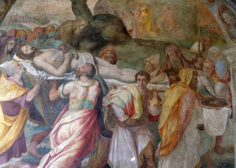 Transport of the Body of Christ, fresco by Alessandro Allori and G.M. Butteri in the cloister of Santa Maria Novella Principal Dominican church in Florence, Italy