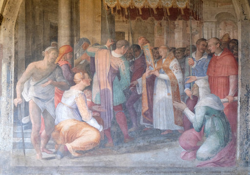 San Dominic leads the procession with the image of the Madonna, fresco by Ludovico Buti in the cloister of Santa Maria Novella Principal Dominican church in Florence, Italy