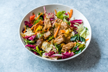 Fresh Salad with Cubed Meat Pieces in Bowl.