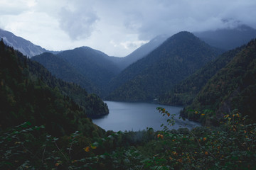 foggy lake in mountains