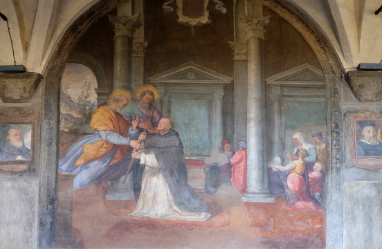 The apostles Peter and Paul appear to St. Dominic, fresco by Santi di Tito in the cloister of Santa Maria Novella Principal Dominican church in Florence, Italy