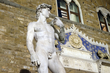 Statue of Michelangelo's David in front of the Palazzo Vecchio in Florence, Italy