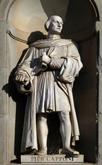Pier Capponi, statue in the Niches of the Uffizi Colonnade. The first half of the 19th Century they were occupied by 28 statues of famous people in Florence, Italy;