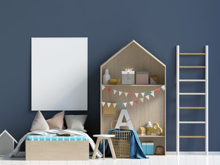 Mock up poster in interior of the child. sleeping place. modern style. 3d illustration
