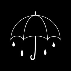 Open umbrella with raindrops isolated on black background in the sky with clouds. Protection of rain, bad weather. Vector flat icon