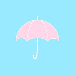 Fashion open pink umbrella for girl isolated on blue background in the sky with clouds. Protection of rain, bad weather. Vector flat icon