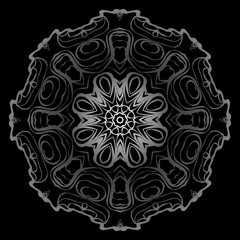 Design With Floral Mandala Ornament. Vector Illustration. Oriental Pattern. Indian, Moroccan, Mystic, Ottoman Motifs. Anti-Stress Therapy Pattern. Black, silver color