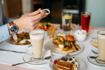 Breakfast Buffet Concept, Breakfast Time in Luxury Hotel, Brunch with Family in Restaurant, Table with Plates of Food for Breakfast - Image