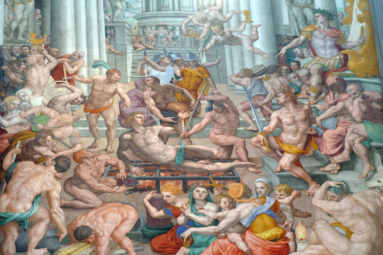 Martyrdom Of Saint Lawrence, Fresco By Agnolo Bronzino In The Basilica Di San Lorenzo In Florence, Italy