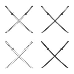 Set of vintage katana sword isolated on white background. Traditional japanese weapon. Vector flat design