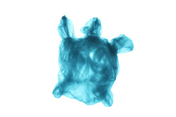 Naklejka premium Pollution of the environment of the planet plastic. Blue plastic bag in the shape of turtle in the world ocean. Isolated on white background.